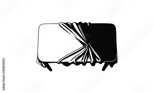Black and white abstract table with draped fabric design. Vector retro hand drawn illustration
