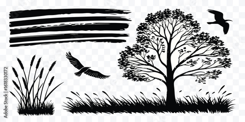 Minimalist Black and White Vector Illustration of Nature Scene with Birds and Tree Silhouettes Creating Serene Ambiance