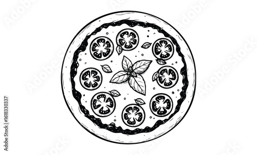 Hand-drawn pizza with tomatoes and basil on white background. Vector retro hand drawn illustration