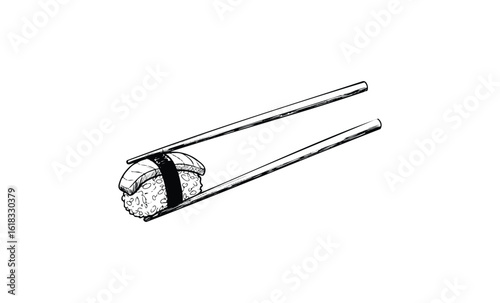 Chopsticks holding sushi roll with fish and rice sketch on white background. Vector retro hand drawn illustration