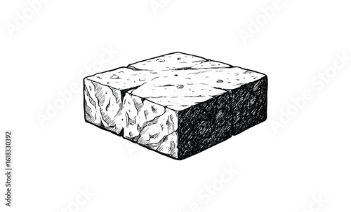 Detailed black and white drawing of a tofu block on white background. Vector retro hand drawn illustration