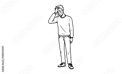 Young caucasian male feeling stressed and worried standing with hand on head. Vector retro hand drawn illustration