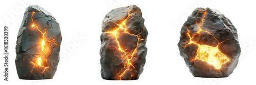 Fantasy Magic Rocks with Luminous Lava Veins and Cracked Surfaces Emitting Mystical Light Isolated on Transparent Background