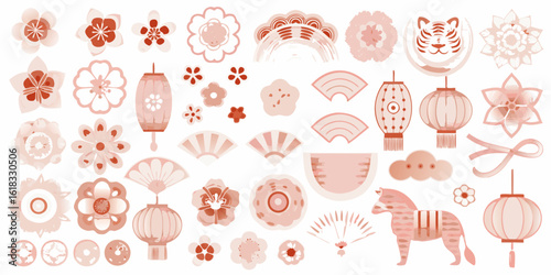 Collection of japanese inspired floral elements and symbols in pink and orange