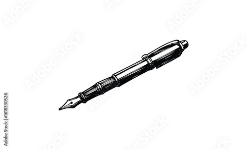 Vintage fountain pen sketch with cap and detailed nib design in black and white. Vector retro hand drawn illustration