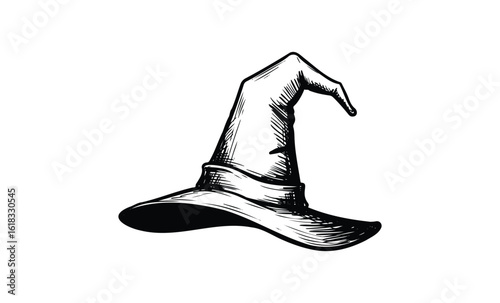 Vintage witch hat illustration with folded brim and pointed tip. Vector retro hand drawn illustration