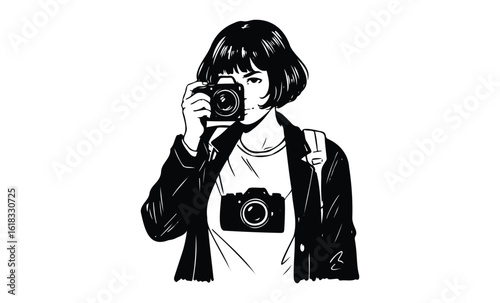 Asian female photographer illustration with camera and backpack. Vector retro hand drawn illustration