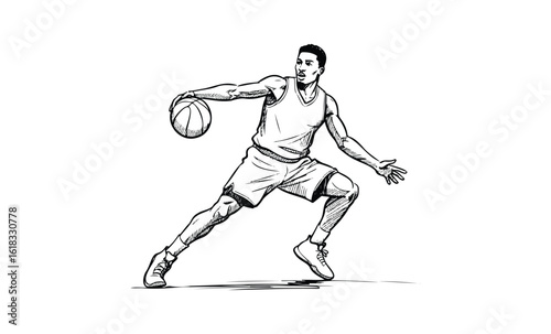 Sketch of male basketball player in action dribbling ball. Vector retro hand drawn illustration
