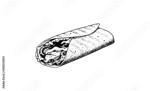 Hand-drawn shawarma sketch: detailed black and white wrap illustration. Vector retro hand drawn illustration