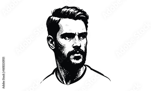 Black and white illustration of young caucasian male with beard. Vector retro hand drawn illustration