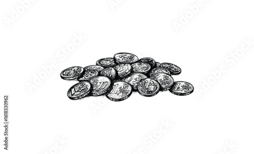 Pile of sketched loose coins with various denominations. Vector retro hand drawn illustration