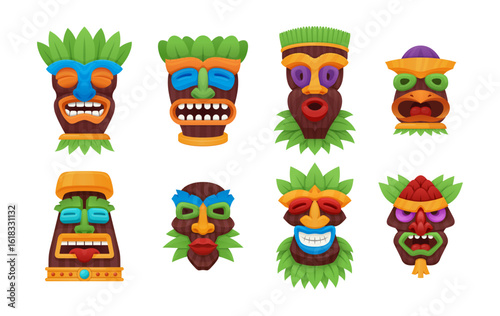 A set of vibrant vector tiki masks featuring a variety of facial expressions and intricate patterns that embody a tropical aesthetic, perfect for themed events or decor.