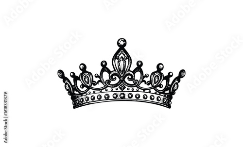 Intricate decorative black crown with jewel accents. Vector retro hand drawn illustration