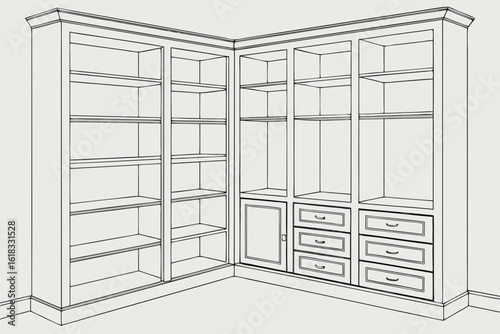 Corner Builtin Bookshelf with Drawers and Cabinet.