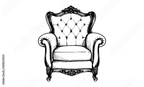 Vintage ornate armchair illustration with tufted upholstery and carved details. Vector retro hand drawn illustration