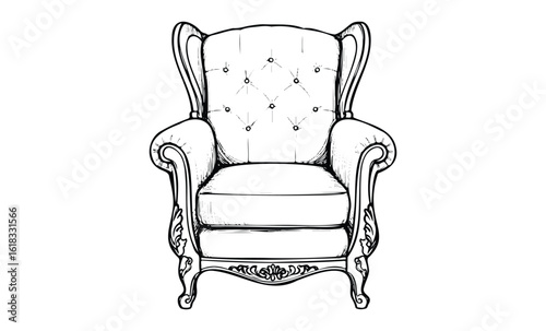 Detailed sketch of vintage ornate armchair with button tufting. Vector retro hand drawn illustration