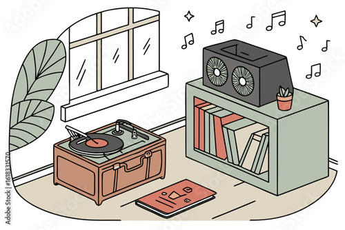 Cozy room with vintage record player and music notes.