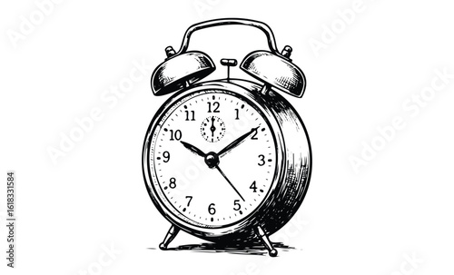 Vintage alarm clock illustration with twin bells and hand drawn details in black and white. Vector retro hand drawn illustration