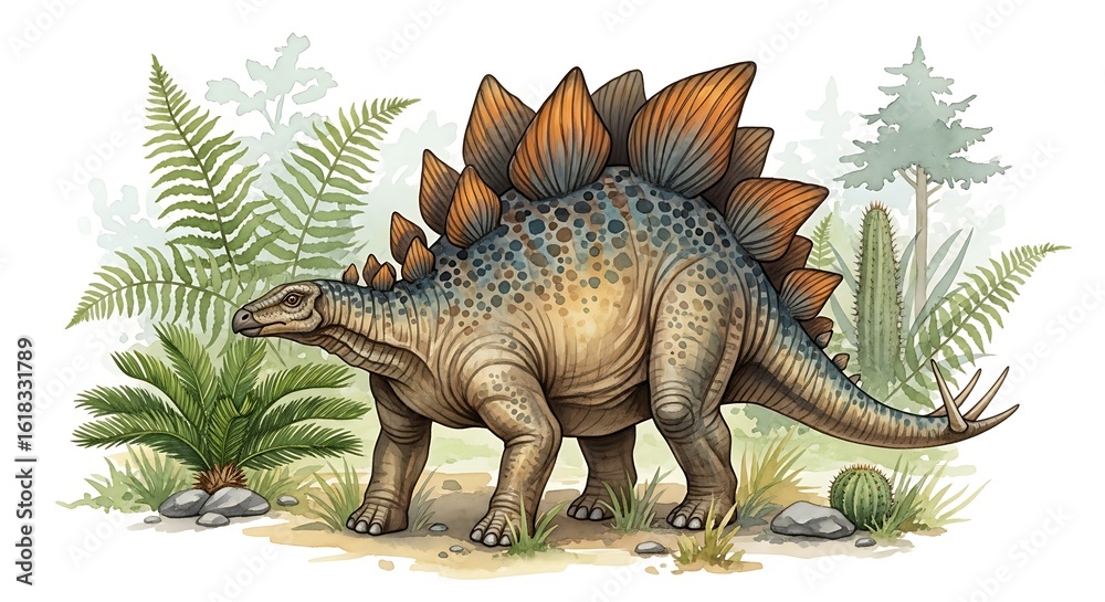 Obraz premium Watercolor Illustration of a Stegosaurus in a Lush Prehistoric Landscape