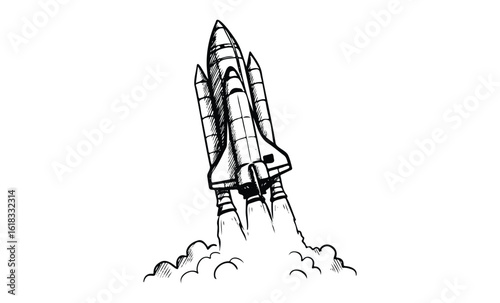 Hand-drawn space shuttle launch with clouds and detailed line art. Vector retro hand drawn illustration