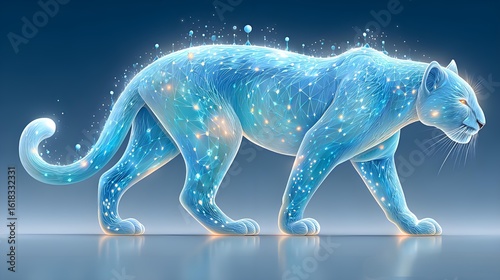 Ethereal Transparent Blue Panther with Constellation Patterns and Glowing Stars in Cosmic Background