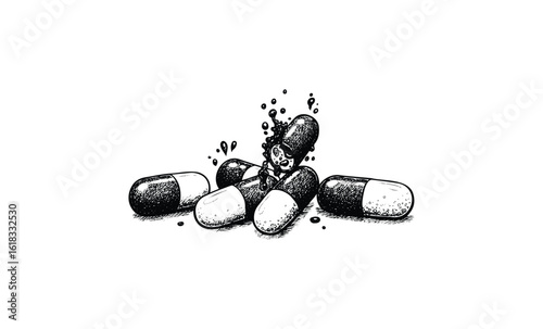 Cartoon character sitting among capsules with splash effect in monochrome. Vector retro hand drawn illustration
