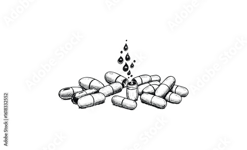 Conceptual illustration of pills transforming into bullets with dripping ink. Vector retro hand drawn illustration
