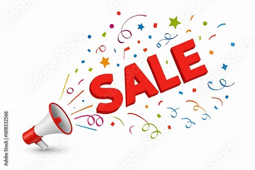 Megaphone announcing big sale with confetti and streamers