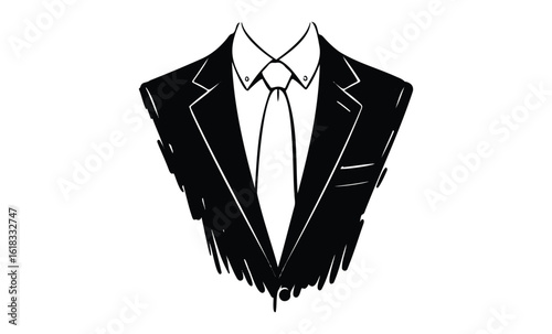 Black and white illustration of male suit with tie in silhouette style. Vector retro hand drawn illustration