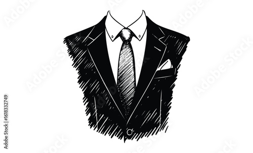 Black ink sketch of a formal business suit with tie on white background. Vector retro hand drawn illustration