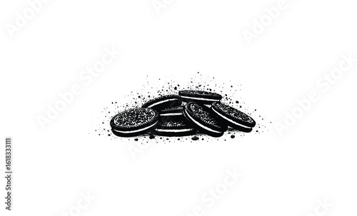 Black and white sketch of oreo cookies in a pile. Vector retro hand drawn illustration