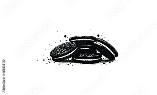 Black and white artistic cookies illustration with splash effect. Vector retro hand drawn illustration