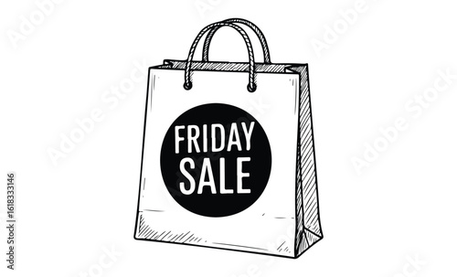 Black friday sale design with shopping bag illustration. Vector retro hand drawn illustration