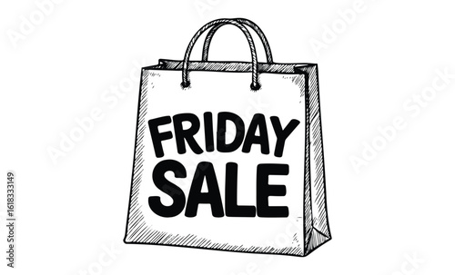 Black friday shopping bag design with bold text in sketch style. Vector retro hand drawn illustration