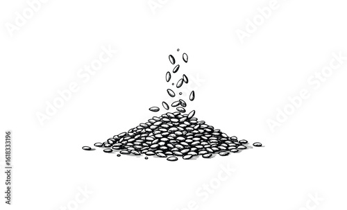 Pile of lentils with falling seeds on white background. Vector retro hand drawn illustration