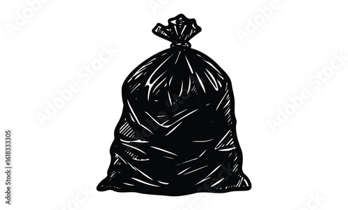 Hand-drawn black garbage bag illustration on white background. Vector retro hand drawn illustration
