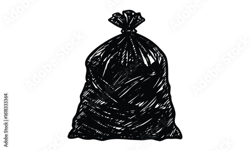Black garbage bag sketch on white background. Vector retro hand drawn illustration