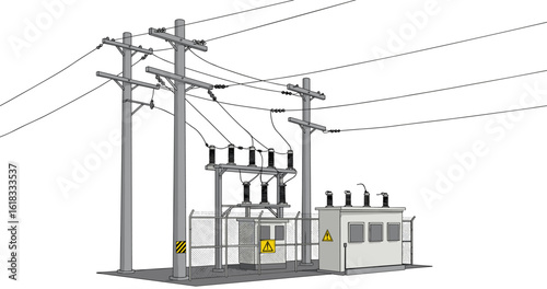 High voltage electric substation with transformers, utility poles, power lines, warning signs, secure fence, electricity infrastructure vector, energy distribution illustration