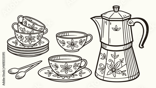 Vintage coffee set with floral design and moka pot