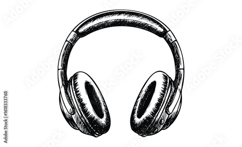 Detailed black and white illustration of over-ear headphones with cushioned ear pads. Vector retro hand drawn illustration