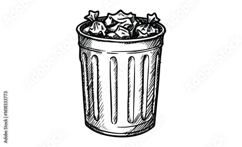 Hand-drawn garbage can filled with crumpled paper sketch. Vector retro hand drawn illustration