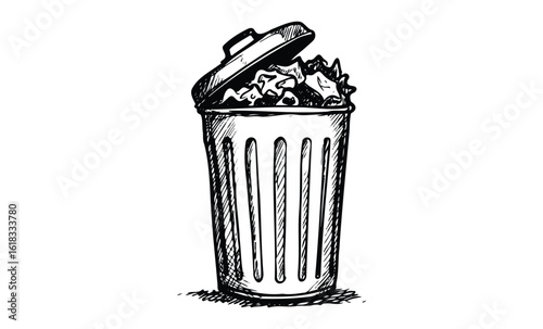 Hand-drawn garbage bin with open lid and trash contents in black and white sketch. Vector retro hand drawn illustration