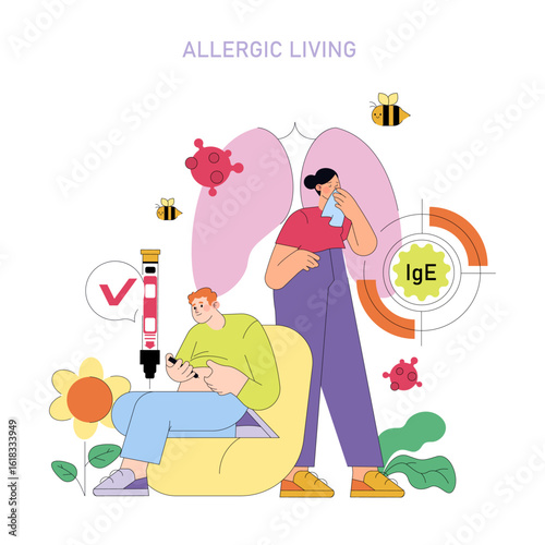 Allergic Reaction Vector Illustration with Inhaler and EpiPen