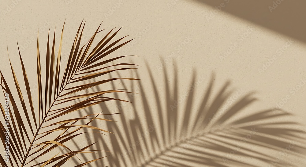 Fototapeta premium Minimal Palm Leaf Shadow on Beige Wall with Tropical Light