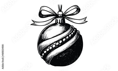Black and white illustration of a christmas ornament with ribbon and decorative band. Vector retro hand drawn illustration