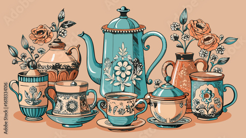 Vintage teaware collection with floral accents