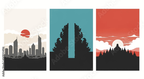 Travel Posters Jakarta with Bali, and Borobudur.