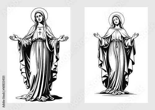 Virgin Mary with open arms in holy pose religious catholic sketch illustration