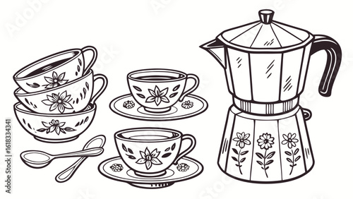 Vintage coffee set with moka pot and floral cups