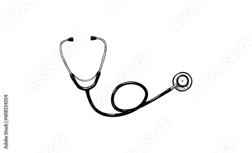 Black and white stethoscope illustration with coiled tubing on white background. Vector retro hand drawn illustration